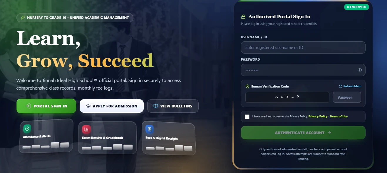 School portal sign-in screen with attendance and alerts, exam results and gradebook, and fees and digital receipts