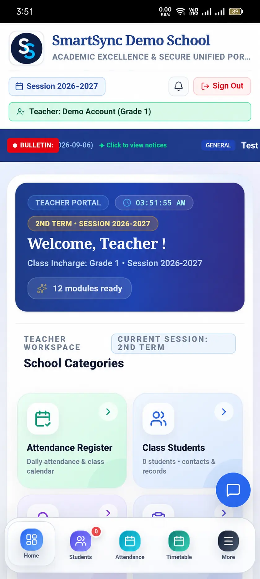 An anonymized real SmartSync teacher dashboard on a mobile device
